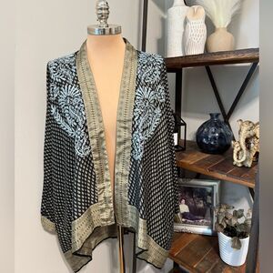 Anthropologie Love Kyla Kimono Cardigan Size LRG Floral Embroidered Silk Blend